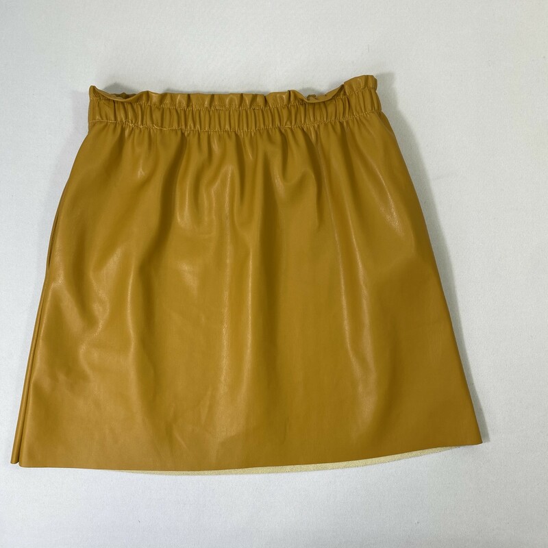 120-502 Zara, Yellow, Size: Medium mustard yellow leather skirt with scrunched waist 100% polyester  good