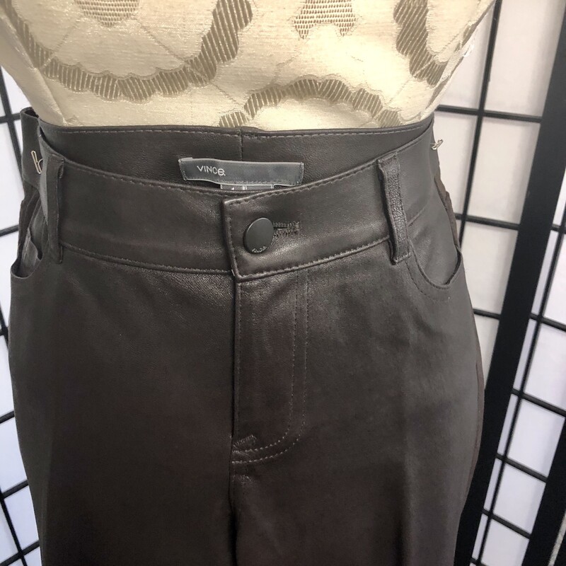 VINCE SUEDE/LEATHER STRAIGHT LEG SLACKS - SIZE 4.   Classic exquisite pair of 100% leather  slax which have a extremely soft suede panel in front and brown leather panel in back.  They have a frontal zippered one button closure with 2 front pockets.  Estimated Measurements:  Waist = 30\", Inseam = 29\" with a 12\" leg opening, cut to sit high on waist.  Vince leather is known to fit one size smaller than  shown.  Condition:  Very very good - faint signs of wear.  These could easily be paired with the classic turtleneck or a crisp white blouse.  Wow!!