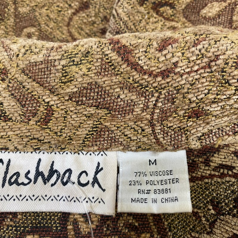 120-487 Flashback, Tan, Size: Medium patterned beige/tan zip up jacket 77% viscose 23% polyester  good