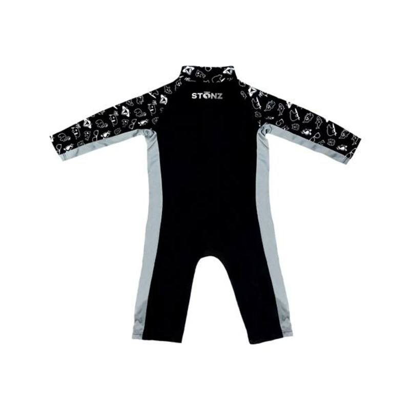 Stonz Sun Suit - Print, Black, Size: 2 Years<br />
<br />
UPF 50 protection built into fabric<br />
4-way stretch fabric<br />
Mesh panel down each side for breathability and comfort<br />
Two-way zipper for easy diaper changes<br />
Zipper pockets prevent pinching of skin and chafing<br />
Neck-to-wrist-to-ankle coverage<br />
Reflective logo for increased visibility