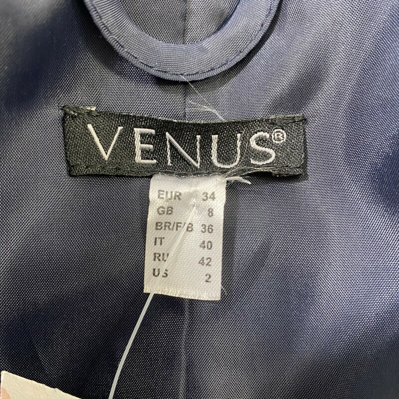 100-083 Venus Short Sleev, Blue, Size: 2 navy blue collared long button up jacket