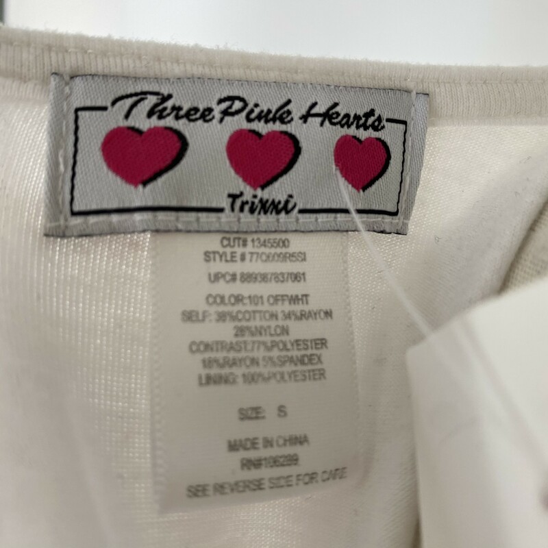 110-134 Three Pink Hearts, White, Size: Small White short sleeve shirt w/ lace front cotton/nylon/rayong