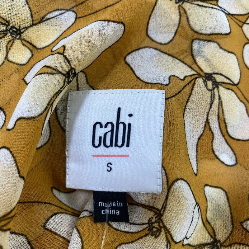 100-996 Cabi, Yellow, Size: Small yellow short sleeve blouse with white flowers on it 100% polyester  good