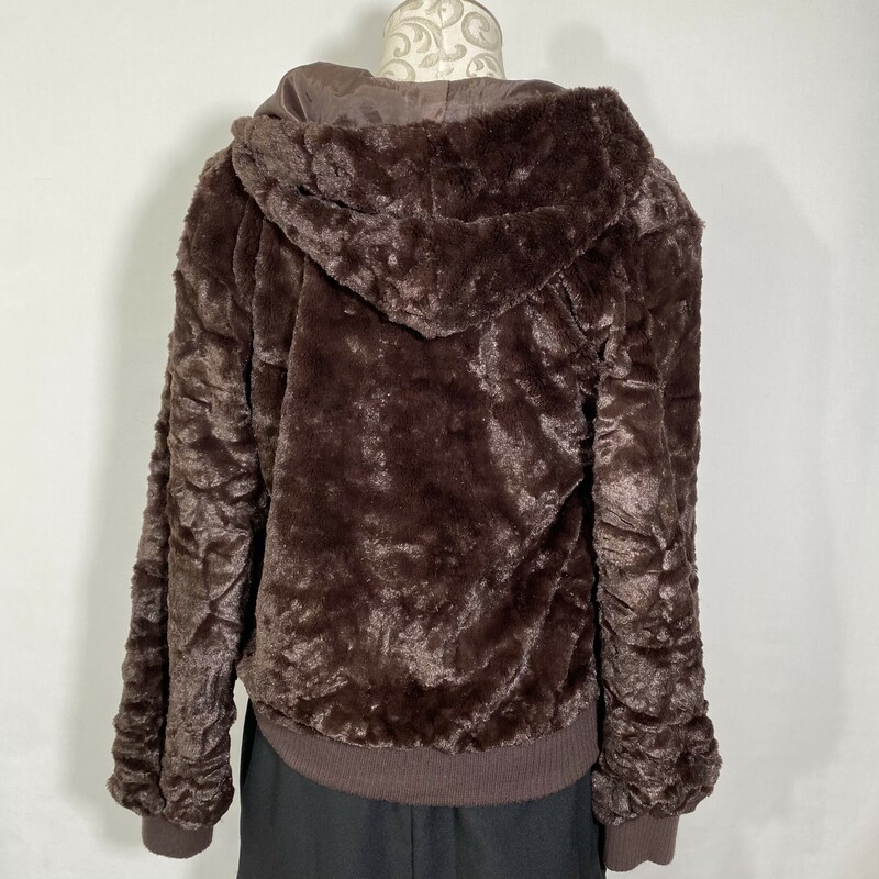 100-626 Carducci, Brown, Size: Medium Brown faux fur jacket w/zipper front and hood 100% polyesther