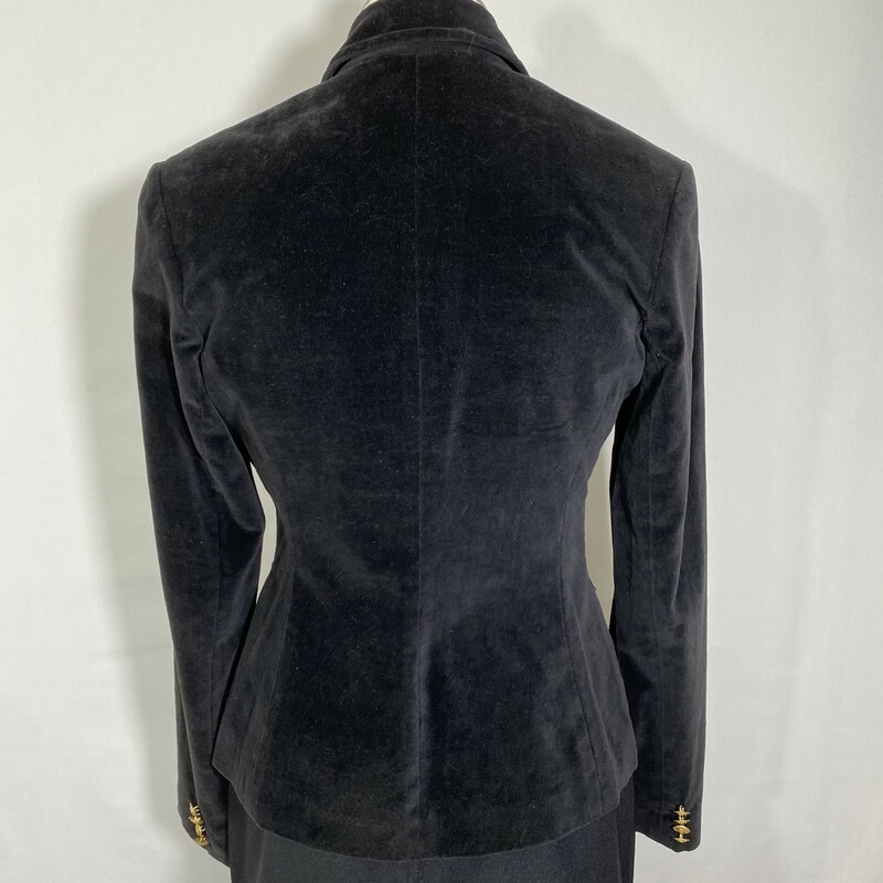 100-630 Lucky, Black, Size: Medium Black velvet blazer w/ gold buttons and front pockets 100% cotton/polyester