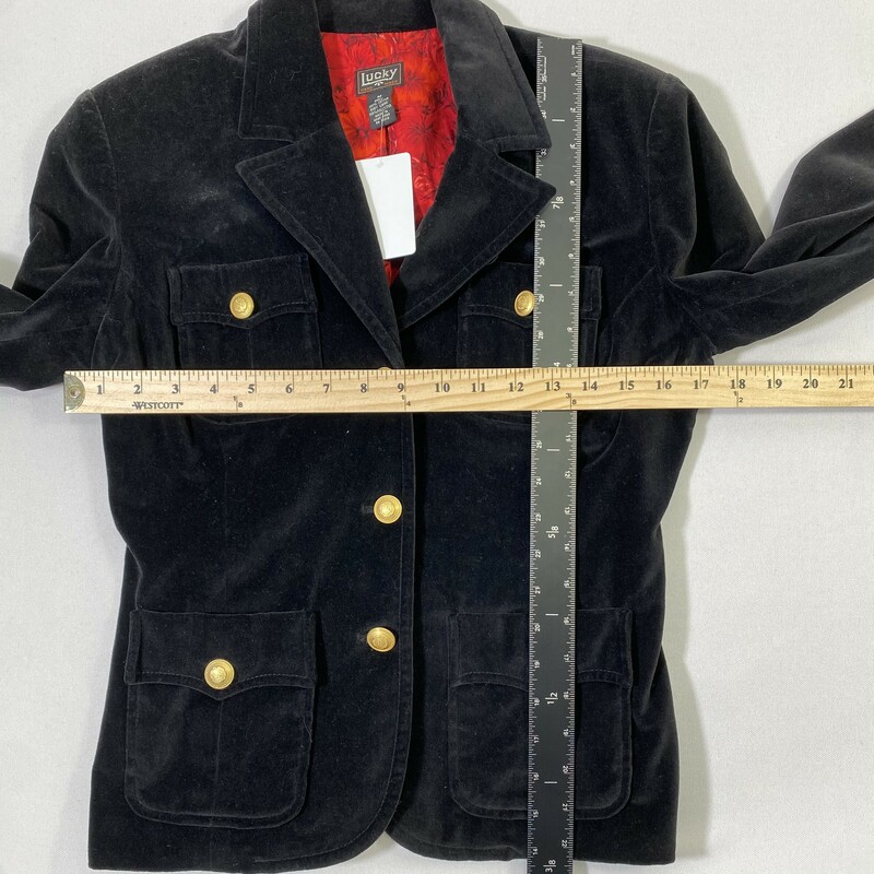 100-630 Lucky, Black, Size: Medium Black velvet blazer w/ gold buttons and front pockets 100% cotton/polyester