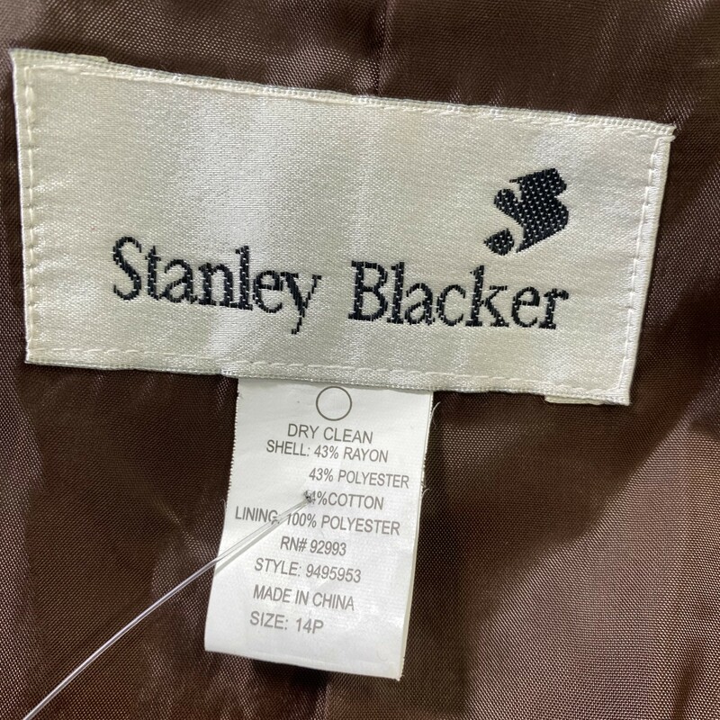 100-620 Stanley Blacker, Brown/mu, Size: 14 petite Brown blazer w/ green palm tree and flower print polyesther/cotton