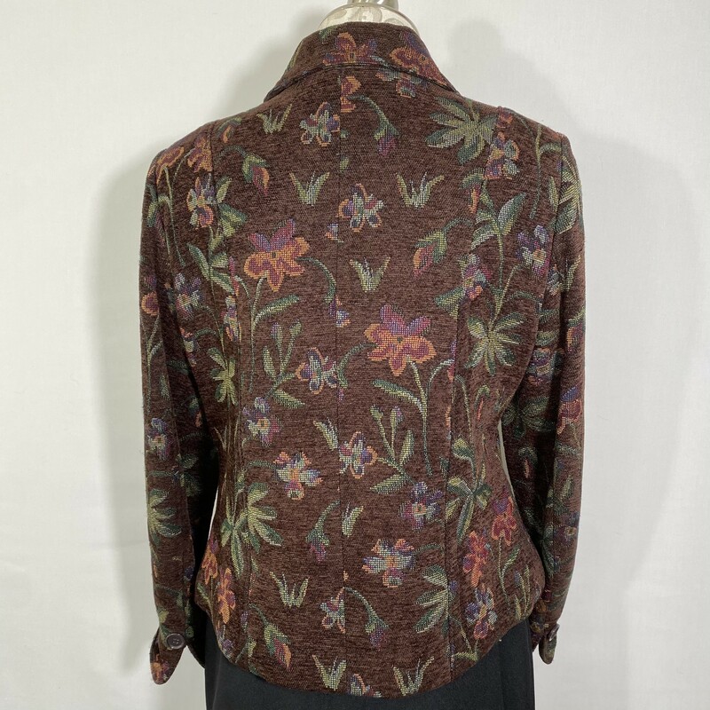 100-620 Stanley Blacker, Brown/mu, Size: 14 petite Brown blazer w/ green palm tree and flower print polyesther/cotton