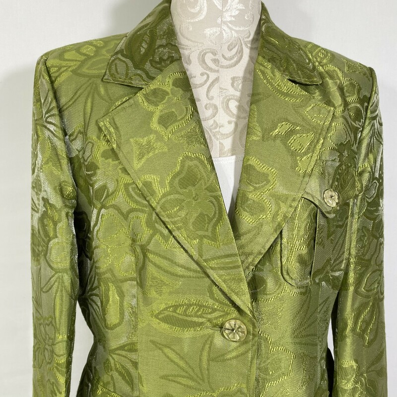 120-539 Wdny, Green, Size: 12 green shiny patterned blazer with clear buttons 45%  viscose 42% rayon 13% polyamide  good