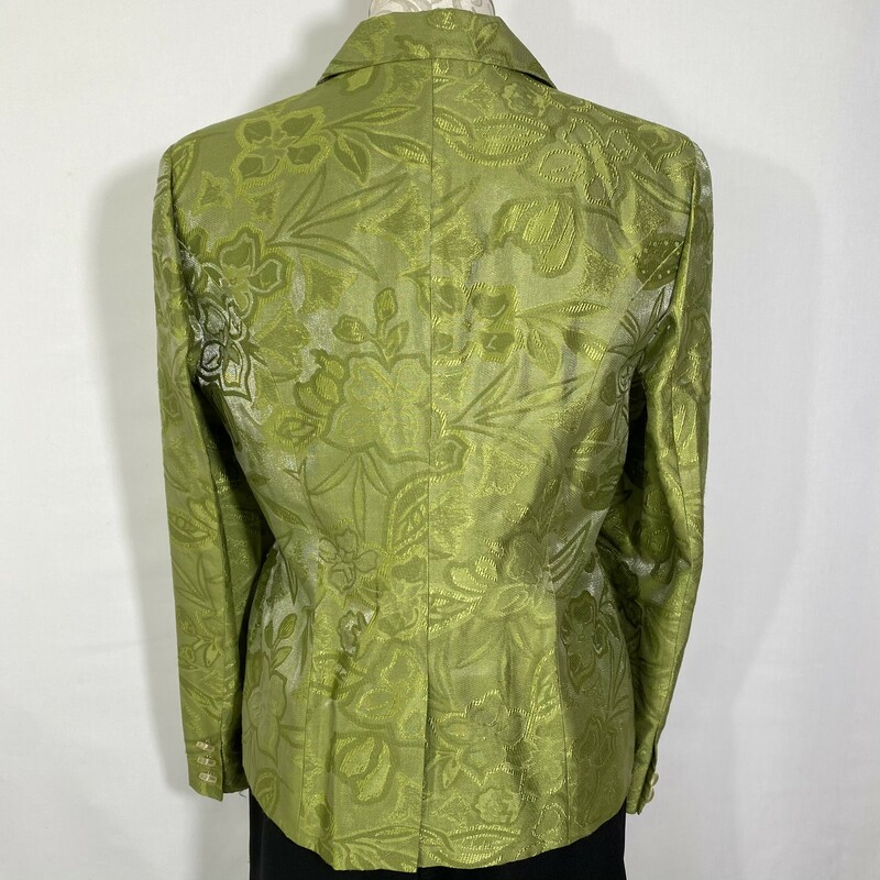120-539 Wdny, Green, Size: 12 green shiny patterned blazer with clear buttons 45%  viscose 42% rayon 13% polyamide  good