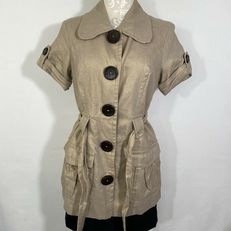 120-433 Kensie, Tan, Size: Large short sleeve tan and gold jacket  55% linen 45%cotton  good