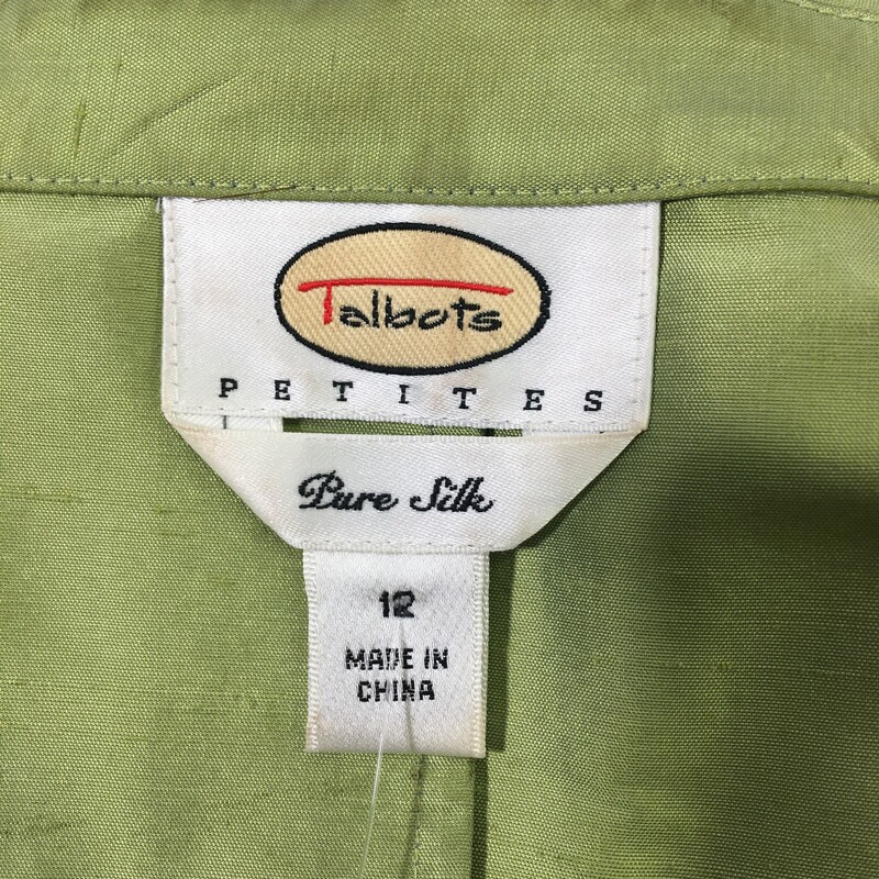 120-537 Talbots, Green, Size: 12 shiny green silk jacket with ties on the bottom 100% silk  good