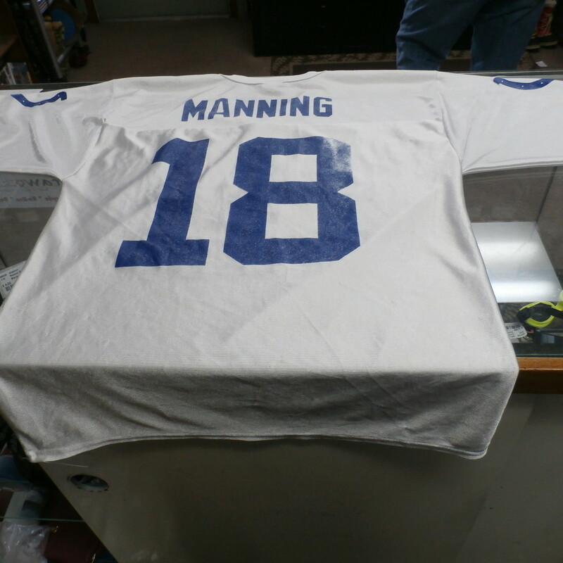Indianapolis Colts Super Bowl XLI Peyton Manning #18 Champions Jersey #24644
Rating: (see below) 4 - Fair Condition
Team: Indianapolis Colts
Player: Peyton Manning #18
Brand: NFL
Size:  Medium Men's  - (Measured Flat: chest 21\", length 29\")
Measured laying flat: armpit to armpit; top of shoulder to bottom hem
Color: White
Style:Jersey; screen pressed logos;
Material: 100% polyester
Condition: 4 - Fair Condition: wrinkles; minor pilling or fuzz; lots of snags; light staining throughout; logos are faded out and worn looking; part of the 8 is worn off; stretched out from washing or use;
Item #: 24644
Shipping: FREE