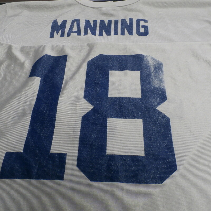 Indianapolis Colts Super Bowl XLI Peyton Manning #18 Champions Jersey #24644<br />
Rating: (see below) 4 - Fair Condition<br />
Team: Indianapolis Colts<br />
Player: Peyton Manning #18<br />
Brand: NFL<br />
Size:  Medium Men's  - (Measured Flat: chest 21\", length 29\")<br />
Measured laying flat: armpit to armpit; top of shoulder to bottom hem<br />
Color: White<br />
Style:Jersey; screen pressed logos;<br />
Material: 100% polyester<br />
Condition: 4 - Fair Condition: wrinkles; minor pilling or fuzz; lots of snags; light staining throughout; logos are faded out and worn looking; part of the 8 is worn off; stretched out from washing or use;<br />
Item #: 24644<br />
Shipping: FREE