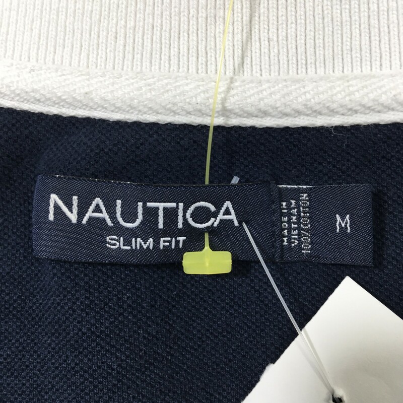 102-175 Nautica, Multicol, Size: Medium White short sleeve polo shirt w/blue and yellow stripes