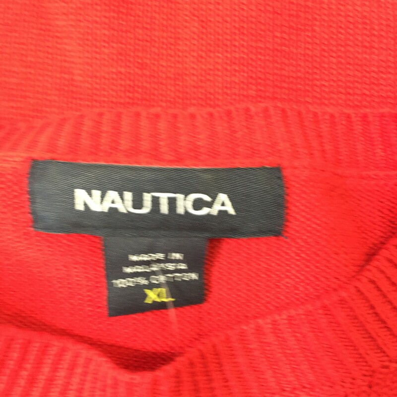 100-1019 Nautica, Red, Size: XL red sweater with navy blue and white stripes 100% cotton  good