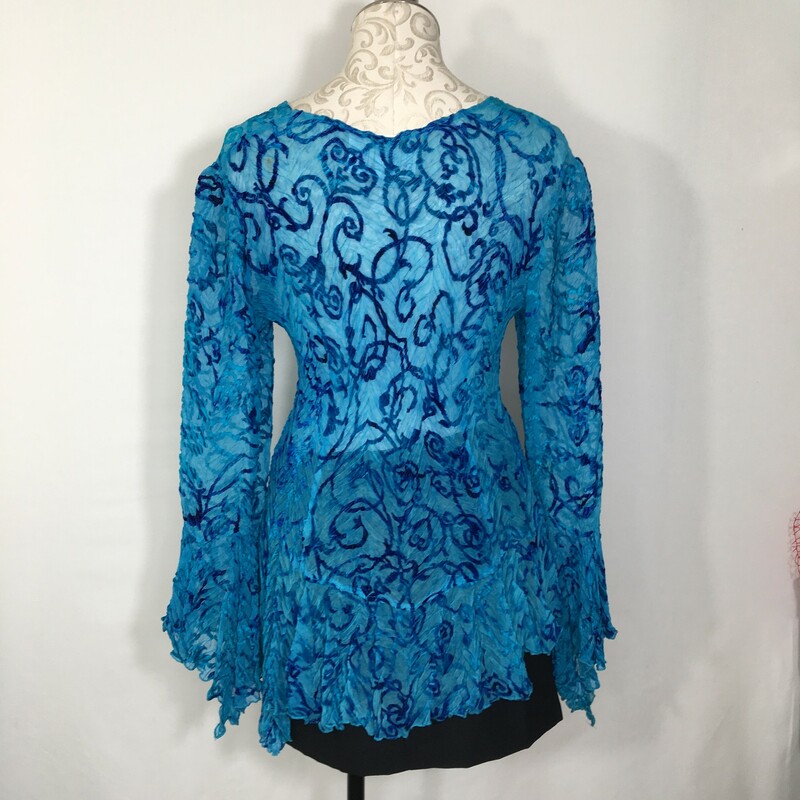 120-427 Cache, Blue, Size: Coverups size large textured sheer blue long sleeve blouse 100% polyester  good