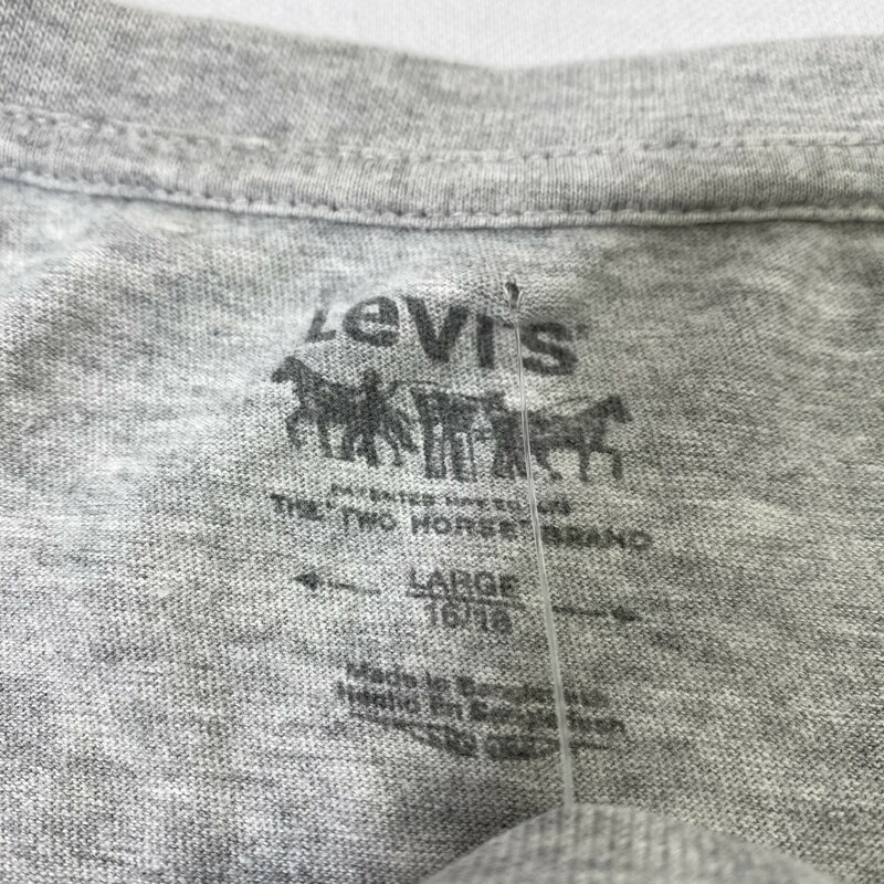 125-076 Levis, Grey, Size: Large grey tshirt with blue bike design on it 90% cotton 10% polyester  good