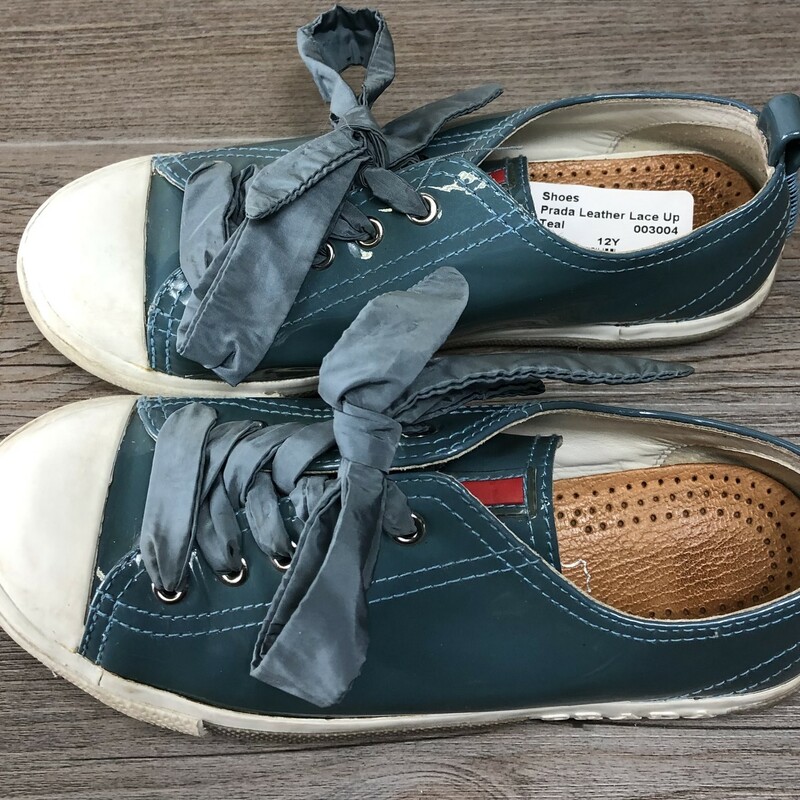 Prada Leather Lace Up, Teal, Size: 12Y<br />
Authentic Prada!<br />
Includes additional leather insole