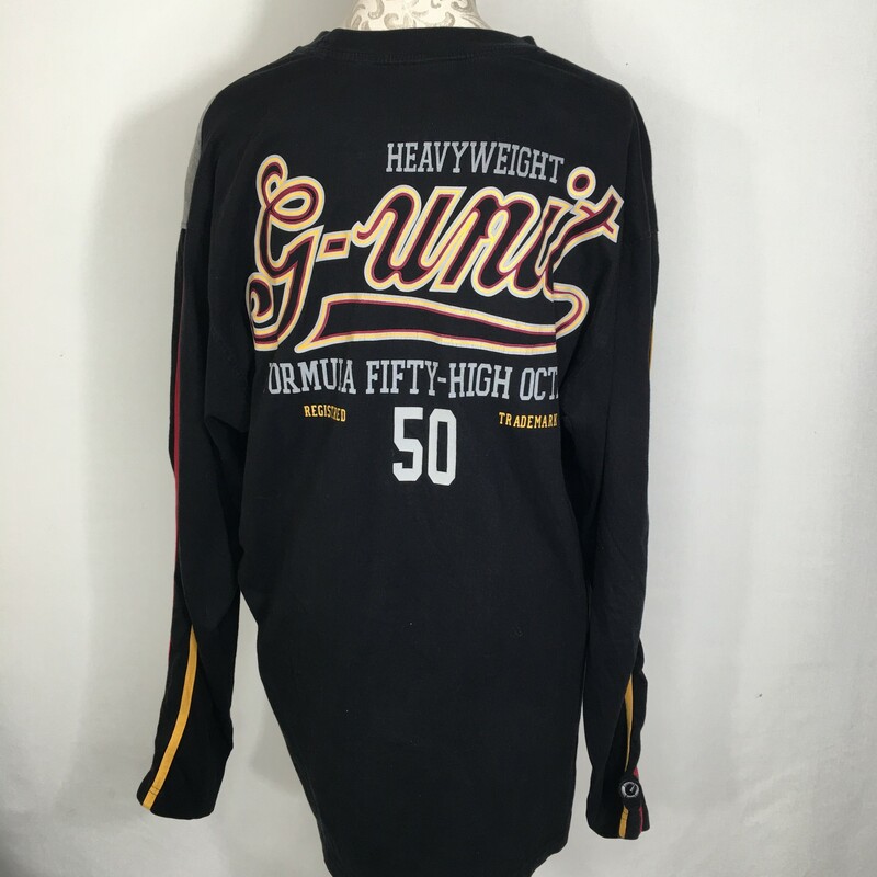 120-395 G Unit, Black, Size: XL long sleeve black and grey shirt with yellow and red stripes on sleeves 100% cotton  good