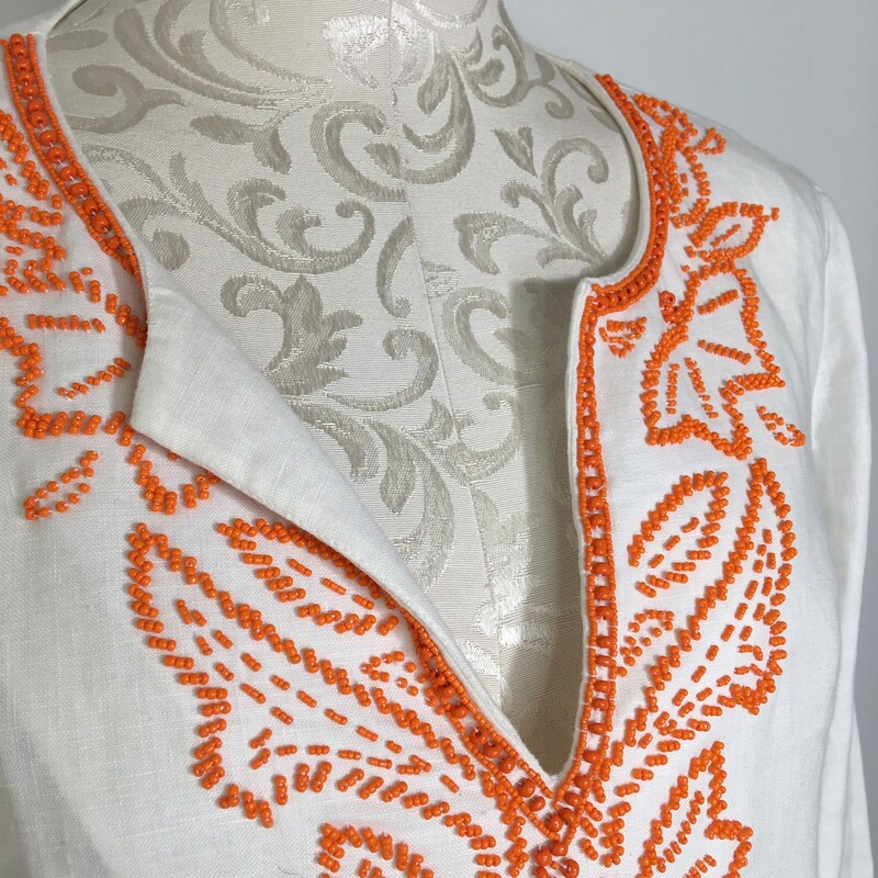 100-254 Michael Kors, White, Size: Medium coverup white top with orange beaded pattern