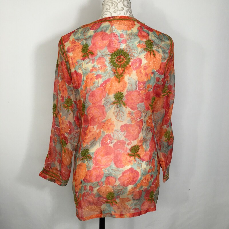 100-253 Sheer Coverup, Orange, Size: 42 embroidered sheer long sleeve