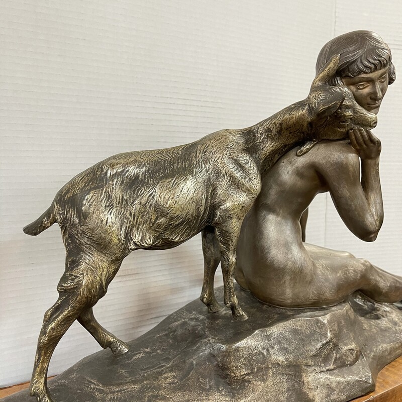 Bronze and wood Nymph with Deer. Situated on a wood base; the Nymph gently caresses the small Deer in hand. Stamped by artist Pierre-Alexandre Morlon (1879-1951) this 32w x 8d x 16h bronze  is offered in great condition!