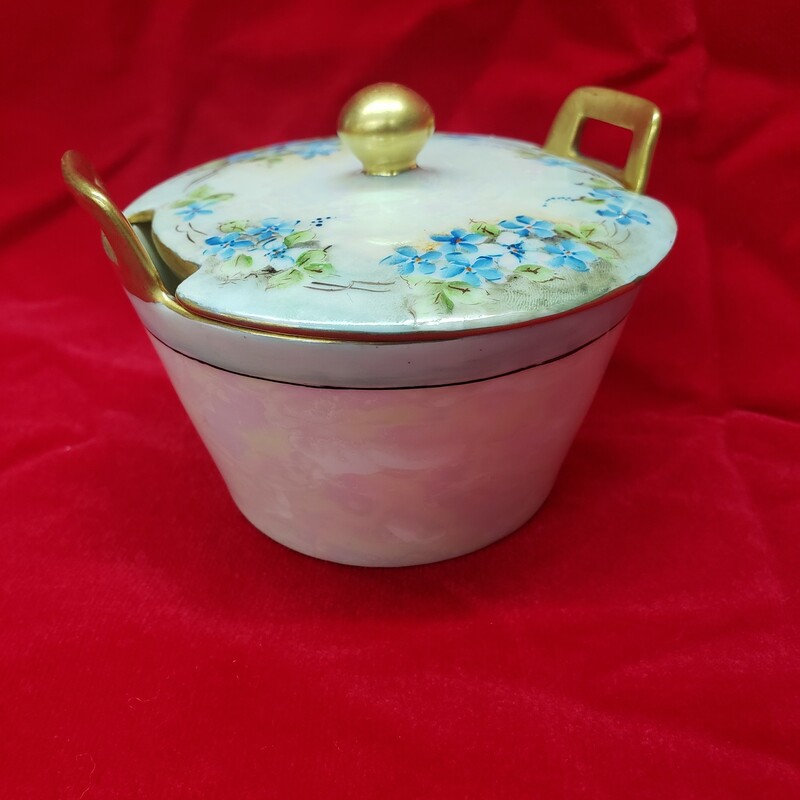 Limoges Covered Sugar Bowl, Iridescent w/ Forget Me Not