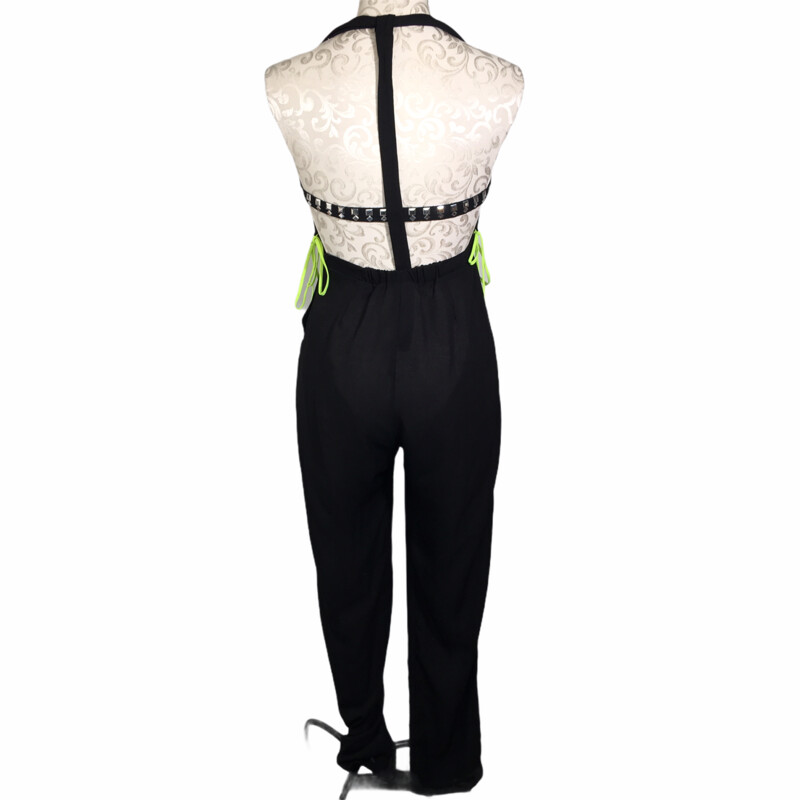 125-110 Lux La, Black, Size: Medium black jumpsuit with grenn lace detailing 100% polyester  good