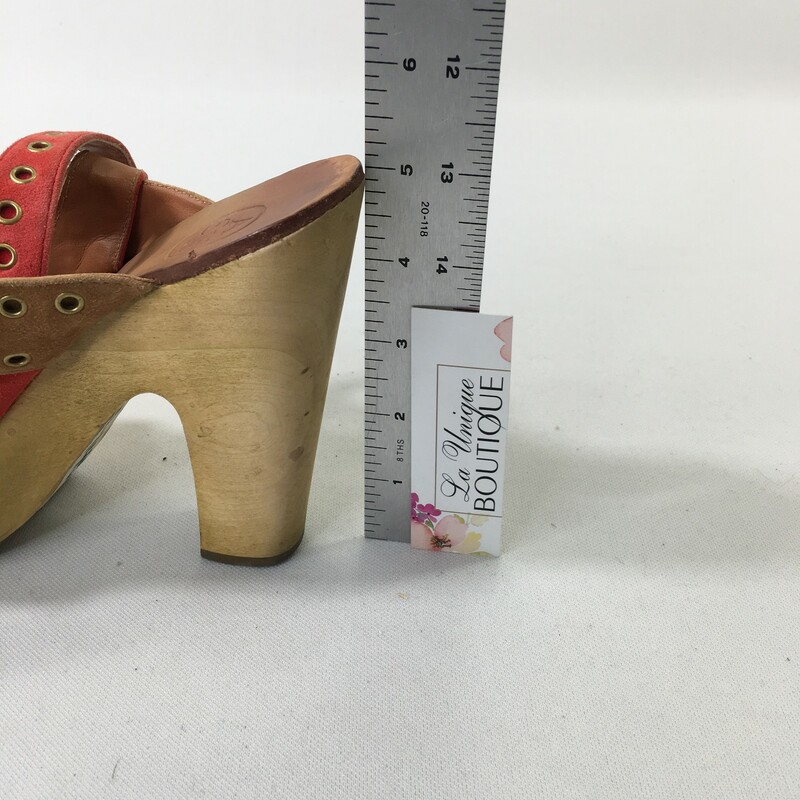 125-145 Ash, Tan, Size: 6 yellow thick wood heel with red and tan straps leather  good
