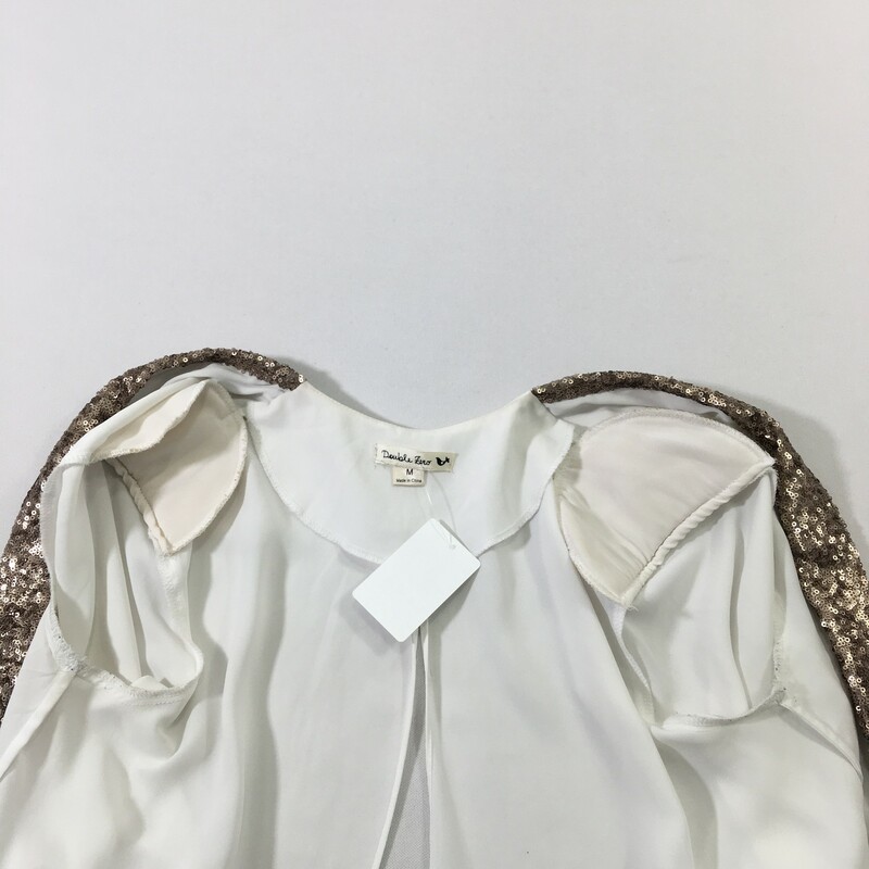 120-355 Double Zero, White, Size: Medium white blouse with gold sequins in the front 100% polyester  good