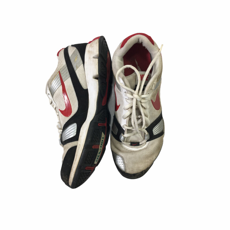 100-920 Nike, White, Size: 8
white red and black nike running shoes n/a  okay