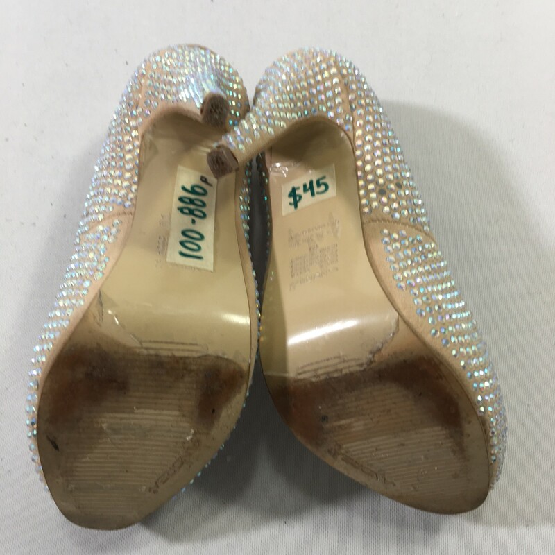 100-886 Andrea, Tan, Size: 7.5 tan heels with chrome rhinestones everywhere n/a  good