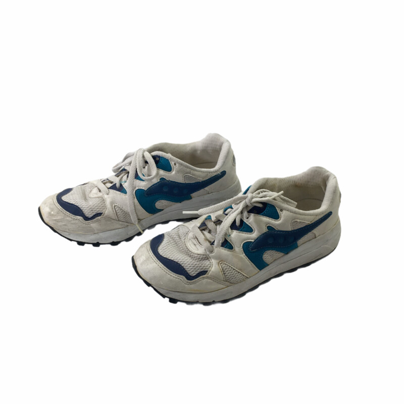 107-123 Saucony, White, Size: 8.5<br />
white and blue running sneakers n/a  okay