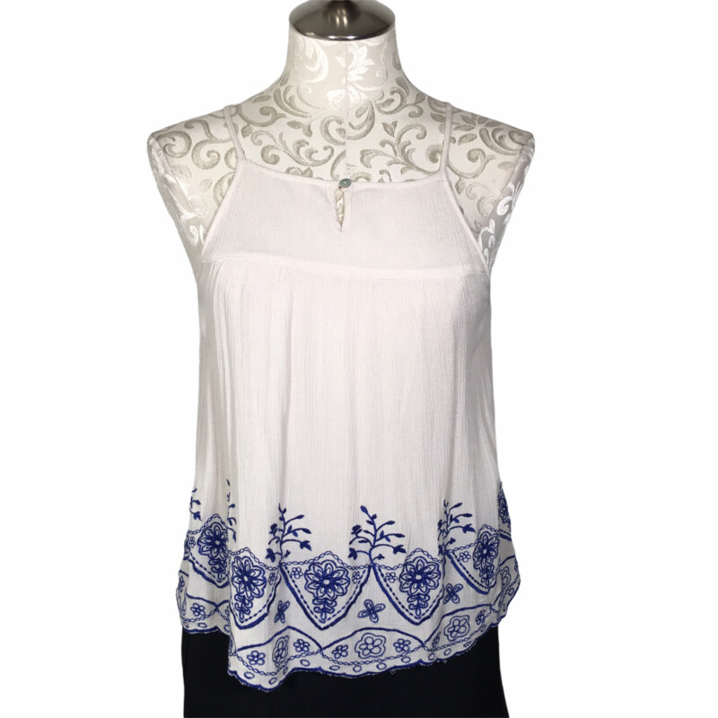 105-281 Chloe& Katie, White, Size: Small white tank top with blue flowers at bottom 100% rayon  good