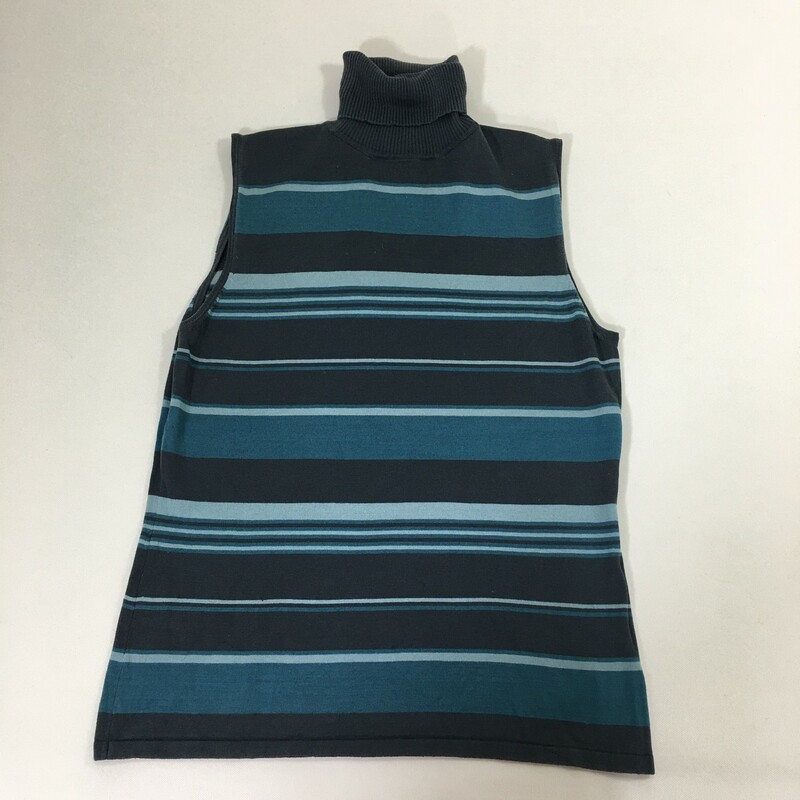 100-565 Rafaella,teal blue striped sleeveless mock turtleneck sweater 80 % silk, 15% nylon, 5% polyester spandex<br />
4.6 oz