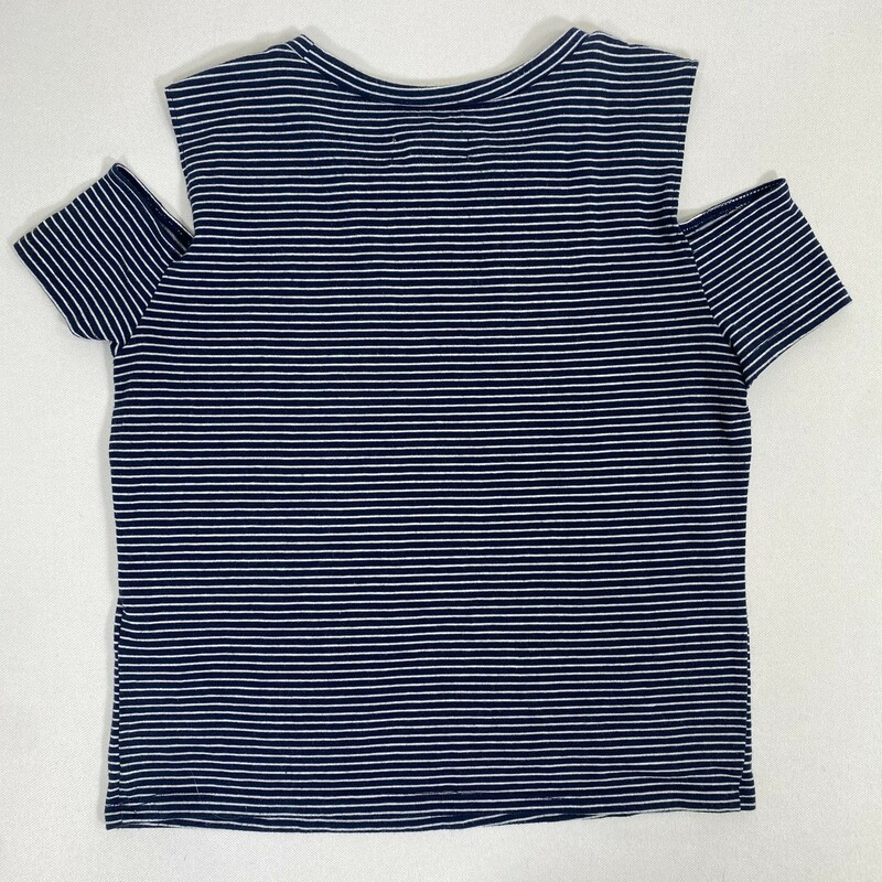 120-552 Hollister, Blue, Size: Small cut out shoulder blue and white striped shirt 60% cotton 40% polyester  good
