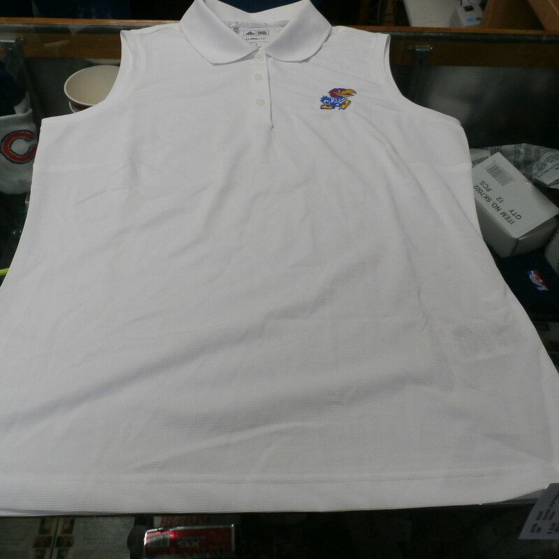 Adidas Kansas Jay Hawks White Women's Polo Shirt Size Small Polyester  #28705<br />
Rating: (see below) 3- Good Condition<br />
Team: Kansas Jay Hawks<br />
Player: Team<br />
Brand: Adidas<br />
Size: Small - Women's(Measured Flat: across chest 17\", length 22\")<br />
Measured flat: armpit to armpit; top of shoulder to the bottom hem<br />
Color: White<br />
Style: women's polo; sleeveless; embroidered; collared with buttons<br />
Material: 100% Polyester<br />
Condition: 3- Good Condition - wrinkled; Minor Pilling and Fuzz; stains around the neck mostly interior of the shirt;<br />
Item #: 28705<br />
Shipping: FREE