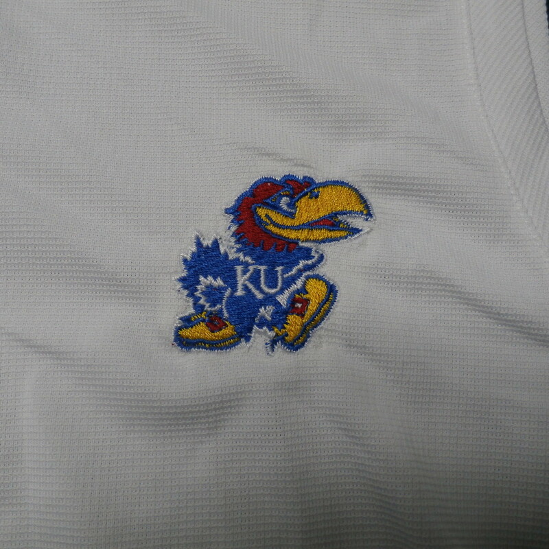 Adidas Kansas Jay Hawks White Women's Polo Shirt Size Small Polyester  #28705<br />
Rating: (see below) 3- Good Condition<br />
Team: Kansas Jay Hawks<br />
Player: Team<br />
Brand: Adidas<br />
Size: Small - Women's(Measured Flat: across chest 17\", length 22\")<br />
Measured flat: armpit to armpit; top of shoulder to the bottom hem<br />
Color: White<br />
Style: women's polo; sleeveless; embroidered; collared with buttons<br />
Material: 100% Polyester<br />
Condition: 3- Good Condition - wrinkled; Minor Pilling and Fuzz; stains around the neck mostly interior of the shirt;<br />
Item #: 28705<br />
Shipping: FREE