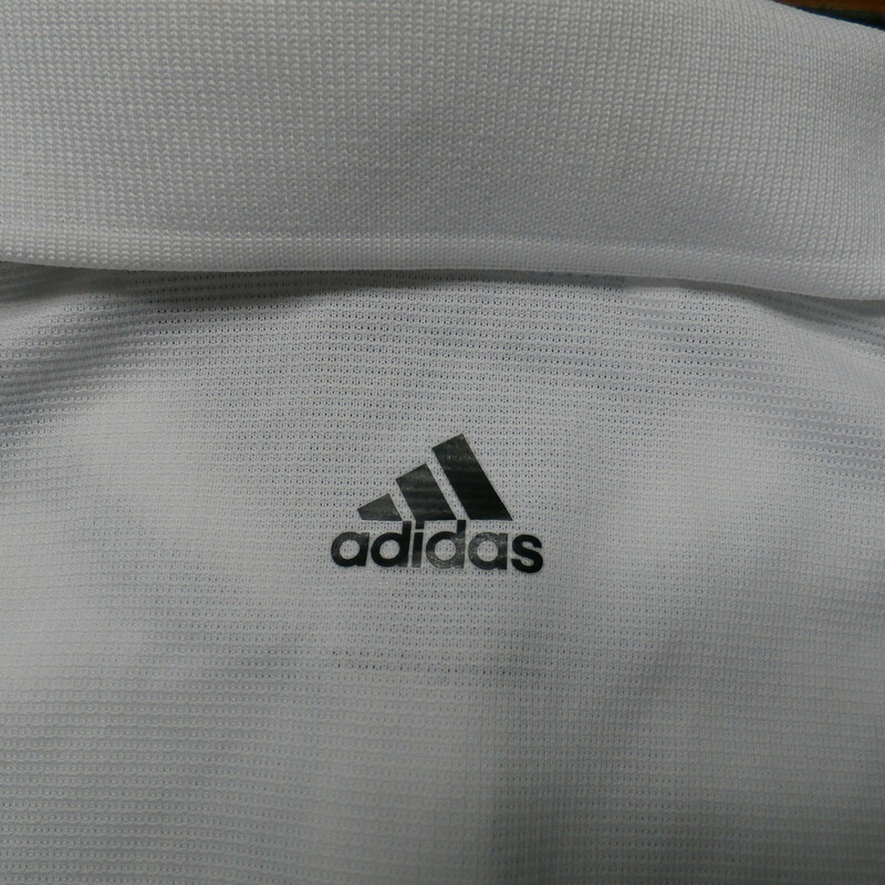 Adidas Kansas Jay Hawks White Women's Polo Shirt Size Small Polyester  #28705<br />
Rating: (see below) 3- Good Condition<br />
Team: Kansas Jay Hawks<br />
Player: Team<br />
Brand: Adidas<br />
Size: Small - Women's(Measured Flat: across chest 17\", length 22\")<br />
Measured flat: armpit to armpit; top of shoulder to the bottom hem<br />
Color: White<br />
Style: women's polo; sleeveless; embroidered; collared with buttons<br />
Material: 100% Polyester<br />
Condition: 3- Good Condition - wrinkled; Minor Pilling and Fuzz; stains around the neck mostly interior of the shirt;<br />
Item #: 28705<br />
Shipping: FREE