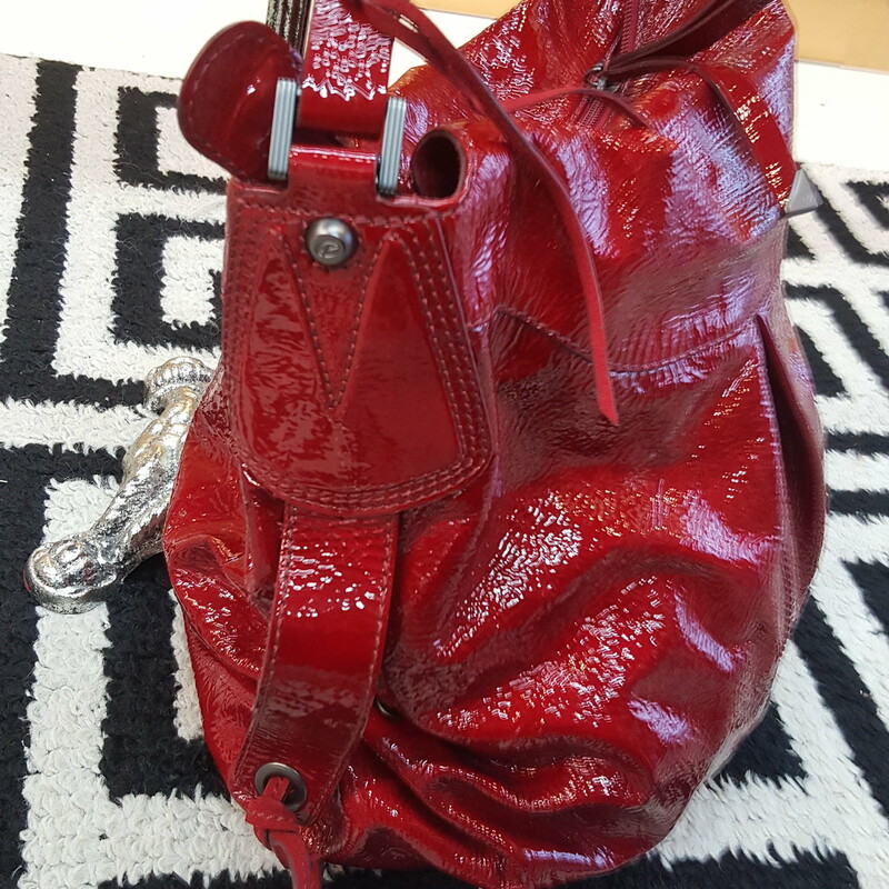 BRAND NEW, Francesco Biasia hobo handbag, red patent leather with smoky silver hardware, with duster bag