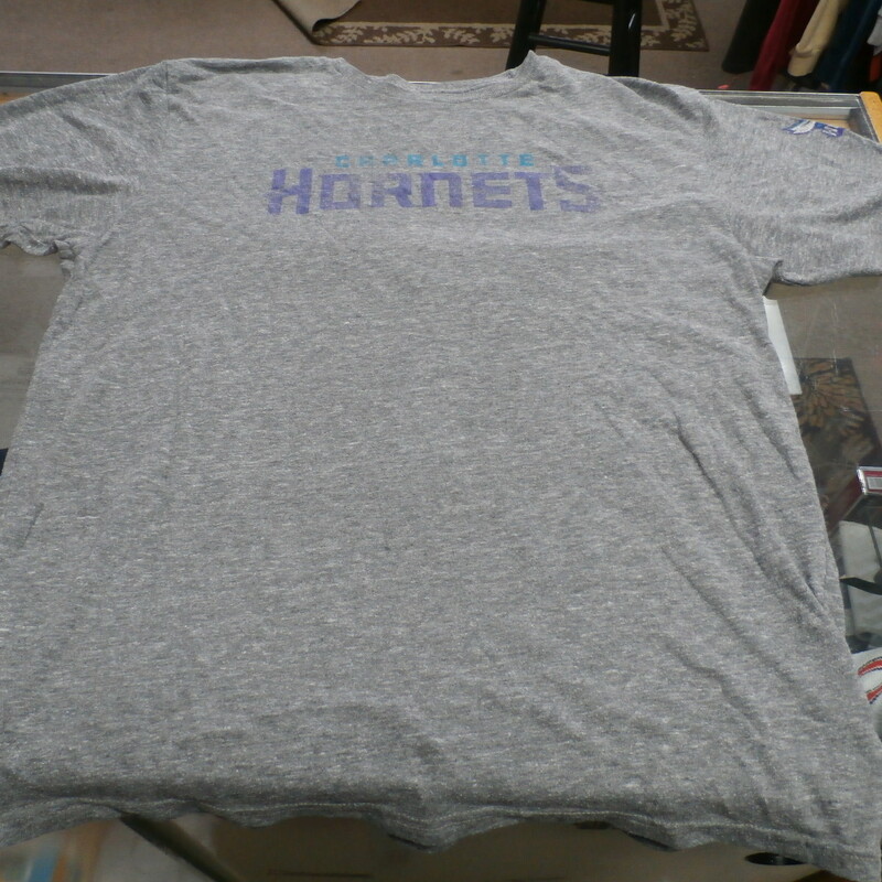Adidas Charlotte Hornets Gray Men's Shirt Size Large Poly Blend #28894<br />
Rating:   (see below) 4- Fair Condition<br />
Team: Charlotte Hornets<br />
Player: Team<br />
Brand: adidas<br />
Size: Men's Large- (Chest 20\", length 26\" ;)<br />
Color: Gray<br />
Style: adidas Screen Pressed Shirt<br />
Material: 50% Polyester 37% Cotton 13% Rayon<br />
Condition: 4- Fair Condition- wrinkled; Pilling and Fuzz; Logos Worn Out visibility is fading;<br />
Item #: 28894<br />
Shipping: FREE