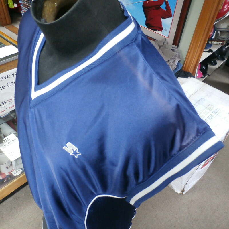 Starter basketball jersey blue size Large 100% polyester #29394<br />
Rating: (see below) 3- Good Condition<br />
Team: n/a<br />
Player: n/a<br />
Brand: Starter<br />
Size: Men's Large- (Measured Flat: Across chest 24\"; Length 30\")<br />
Measured Flat: underarm to underarm; top of shoulder to bottom hem<br />
Color: blue<br />
Style: sleeveless<br />
Material: 100% polyester<br />
Condition: 3- Good Condition: several small snags; minor wear from use; light fading mark on left shoulder (see photos)<br />
Item #: 29394<br />
Shipping: FREE