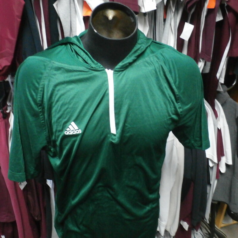 Webber Warriors Men's adidas partial zip hooded Shirt Green size Large #29214
Rating: (see below) 3- Good Condition
Team: Webber Warriors
Player: Team
Brand: adidas
Size:  men's Large (Measured Flat: Across chest 21\"; Length 28\")
Measured Laying Flat: armpit to armpit; top of shoulder to bottom hem
Color: Green
Style: Pullover; short sleeve; screen pressed; partial zip up; hooded
Material: 100% polyester
Condition: 3- Good Condition: wrinkled; minor pilling and fuzz; a few light stains on the front; the W on the back is worn, cracked and partially worn off;
Item #: 29214
Shipping: FREE