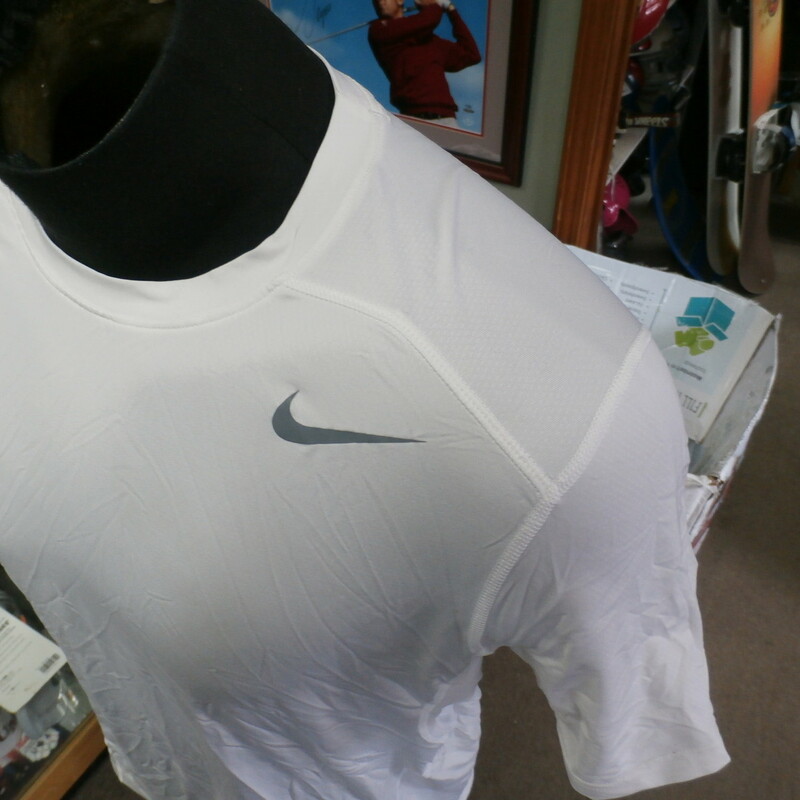 Nike Pro Dri-Fit fitted white athletic shirt size Large polyester blend #29502
Rating: (see below) 3- Good Condition
Team: n/a
Player: n/a
Brand: Nike
Size: Men's Large- (Measured Flat: Across chest 20\"; Length 27\")
Measured Flat: underarm to underarm; top of shoulder to bottom hem
Color: white
Style: short sleeve; screen printed
Material: 92% polyester 8% spandex
Condition: 3- Good Condition: some wear and discoloration from use (see photos)
Shipping: FREE