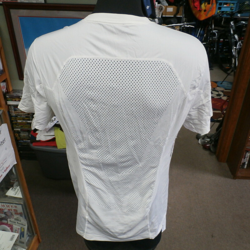 Nike Pro Dri-Fit fitted white athletic shirt size Large polyester blend #29502
Rating: (see below) 3- Good Condition
Team: n/a
Player: n/a
Brand: Nike
Size: Men's Large- (Measured Flat: Across chest 20\"; Length 27\")
Measured Flat: underarm to underarm; top of shoulder to bottom hem
Color: white
Style: short sleeve; screen printed
Material: 92% polyester 8% spandex
Condition: 3- Good Condition: some wear and discoloration from use (see photos)
Shipping: FREE