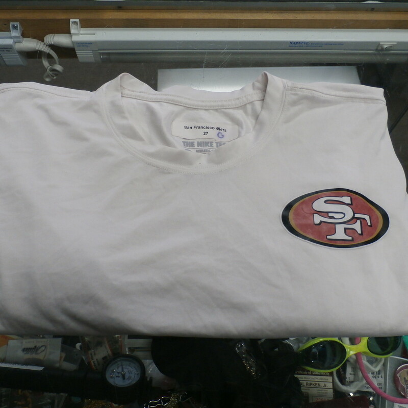 SF 49ers LS, White, Size: Large<br />
Nike Men's San Francisco 49er's long sleeve shirt white size Large poly #28718<br />
Rating: (see below) 4- Fair Condition<br />
Team: San Francisco 49er's<br />
Player: N/A<br />
Brand: Nike<br />
Size:  Men's Large  (Measured Flat: Across chest 21\"; Length 27\")<br />
Measured Laying Flat: armpit to armpit; top of shoulder to bottom hem<br />
Color: White<br />
Style: Long sleeve shirt; Screen pressed<br />
Material: 100% Polyester<br />
Condition: 4- Fair Condition: wrinkled; minor pilling and fuzz; discoloration from use; some light staining on front; black stains on the right sleeve; light staining on left sleeve;<br />
Item #: 28718<br />
Shipping: FREE