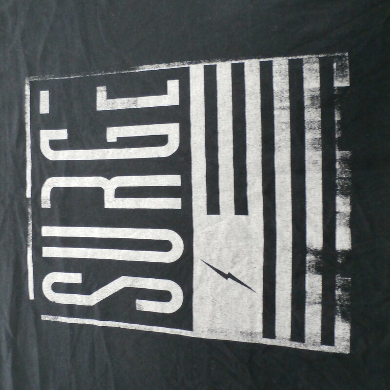 Surge Shirt, Black, Size: 2XL<br />
Men's Level black \"Surge\" shirt size 2XL cotton poly blend #28273<br />
Rating: (see below) 3- Good Condition<br />
Team: N/A<br />
Player: n/a<br />
Brand: Level<br />
Size: Men's XL- (Measured Flat: Across chest 24\"; Length 29\")<br />
Measured Flat: underarm to underarm; top of shoulder to bottom hem<br />
Color: Gray<br />
Style: Short sleeve; screen pressed; Graphic Tee;<br />
Material: 60% Cotton 40% Polyester<br />
Condition: 3- Good Condition: minor wear from use; wrinkled; pilling and fuzz;<br />
Item #: 28273<br />
Shipping: FREE