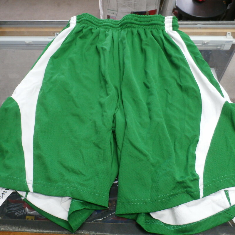 Alleson Men's reversible  Athletic shorts Green/white size Medium poly #27329<br />
Rating: (see below) 4- Fair Condition<br />
Team: n/a<br />
Players: n/a<br />
Brand: Alleson<br />
Size: Men's  medium (Measured Flat: waist 13\"; Length 19\"; inseam 8\")<br />
Color: Green/White<br />
Material: 100%polyester<br />
Style: athletic shorts; Reversible;<br />
Condition: 4- Fair Condition: wrinkled; minor pilling and fuzz; some stretching at waist from wear; on the white of shorts there are multiple small stains throughout front and back; few small snags;<br />
Item #27329<br />
Shipping: FREE