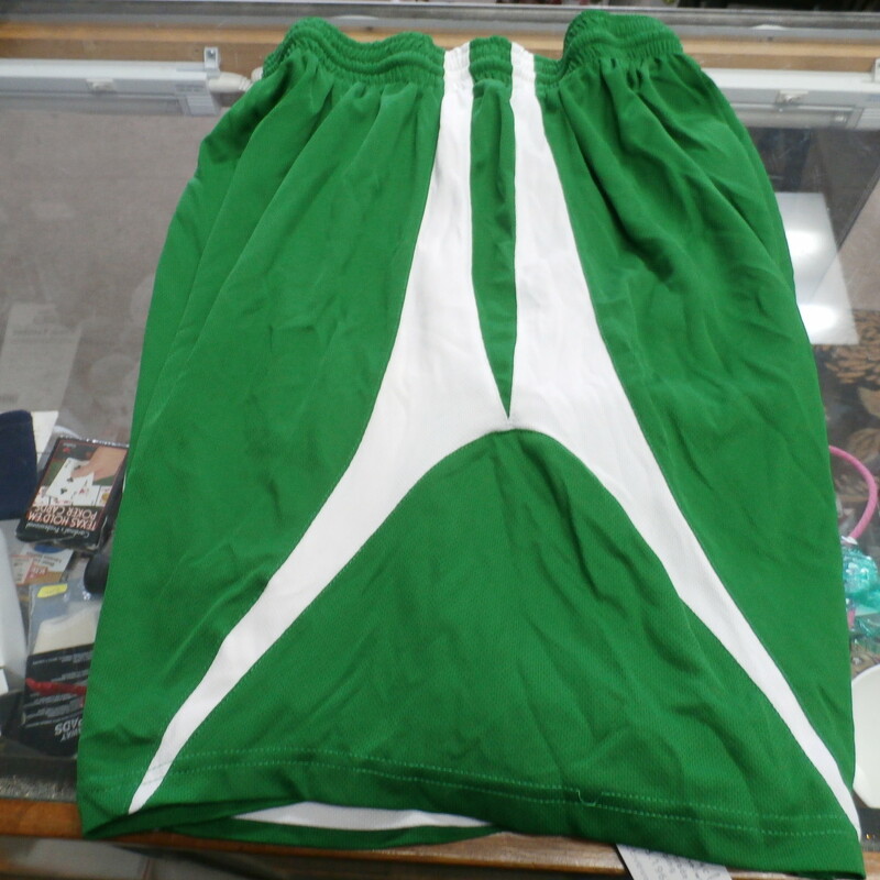 Alleson Men's reversible  Athletic shorts Green/white size Medium poly #27329<br />
Rating: (see below) 4- Fair Condition<br />
Team: n/a<br />
Players: n/a<br />
Brand: Alleson<br />
Size: Men's  medium (Measured Flat: waist 13\"; Length 19\"; inseam 8\")<br />
Color: Green/White<br />
Material: 100%polyester<br />
Style: athletic shorts; Reversible;<br />
Condition: 4- Fair Condition: wrinkled; minor pilling and fuzz; some stretching at waist from wear; on the white of shorts there are multiple small stains throughout front and back; few small snags;<br />
Item #27329<br />
Shipping: FREE